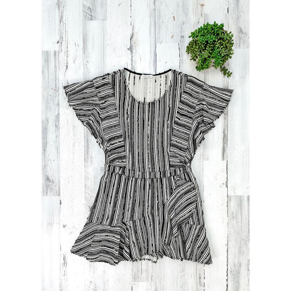 LoveShackFancy Black Cream Textured Flutter Sleeve Mini Wrap Style Dress